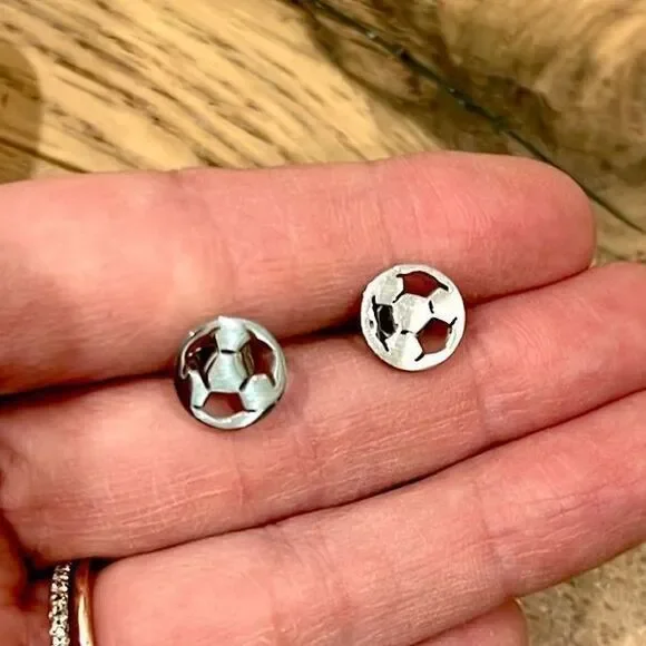 Silver soccer ball‎ stud earrings - Picture 2 of 2